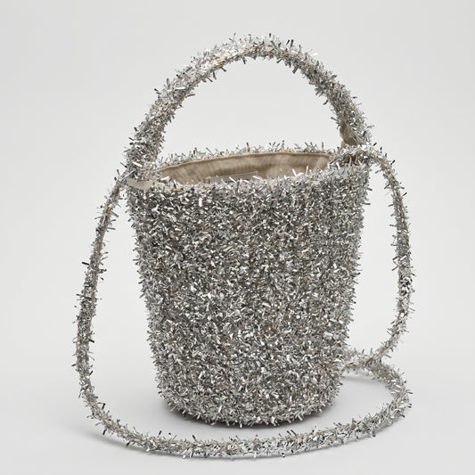 Shimmering Metallic Fringe Bucket Bag