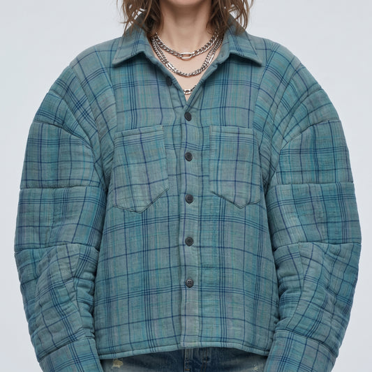 Quilted Plaid Button-Down Jacket