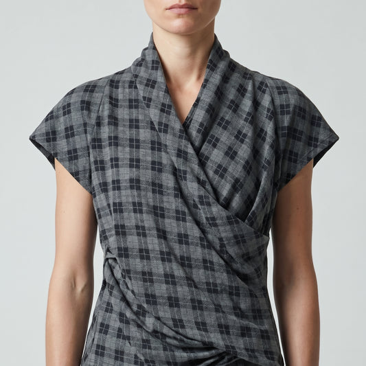 Grey Checked Draped Wrap Top