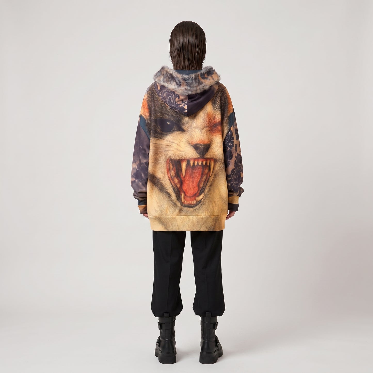 Damask Print Faux Fur Jacket