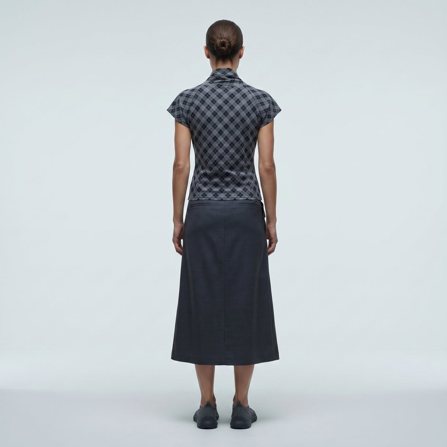 Grey Checked Draped Wrap Top