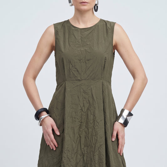 Pleated Olive Midi Dress