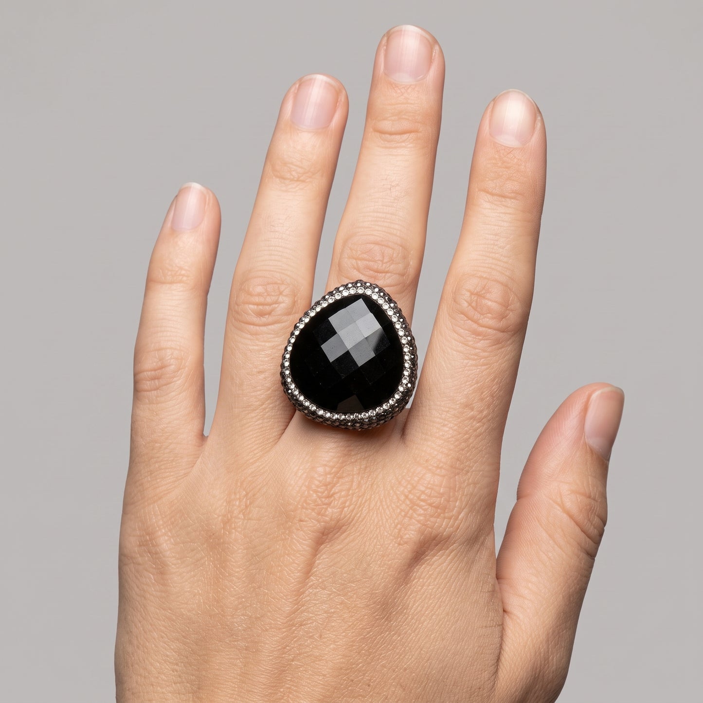 Crystal Embellished Onyx Statement Ring