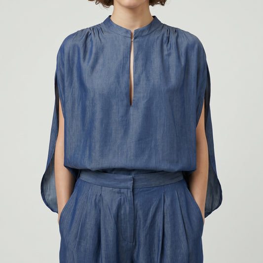 Sleeveless Denim Mandarin Collar Top