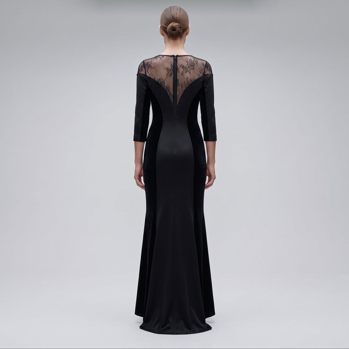 Lace Paneled Velvet Evening Gown