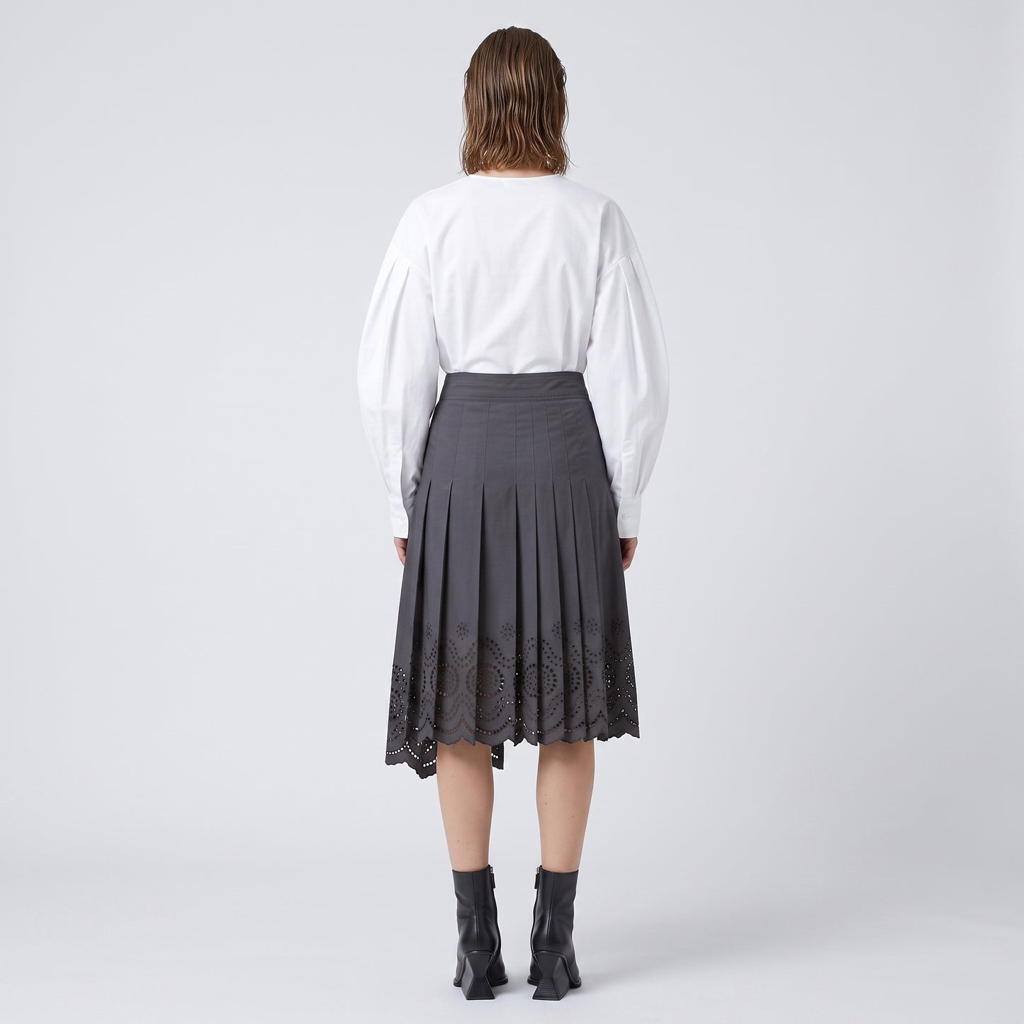 Pleated Eyelet Cotton Midi Skirt