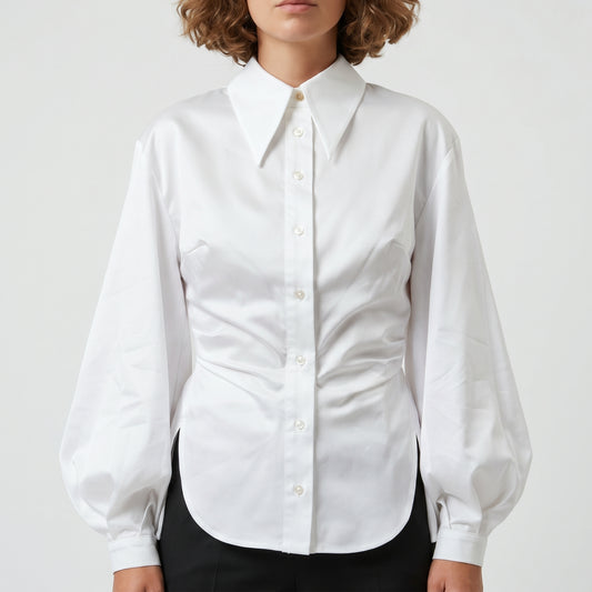 Ruched Balloon Sleeve Cotton Shirt