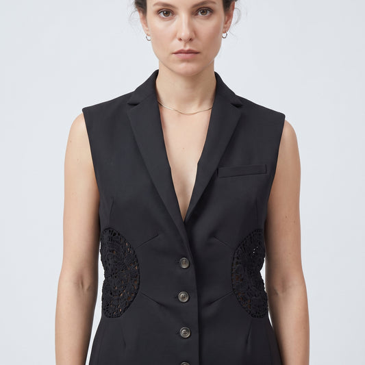 Tailored Lace-Paneled Black Vest