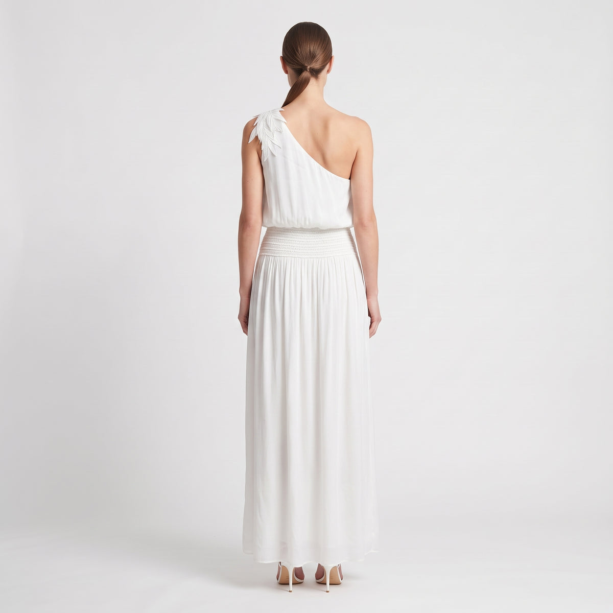 One-Shoulder Leaf Applique Maxi Dress