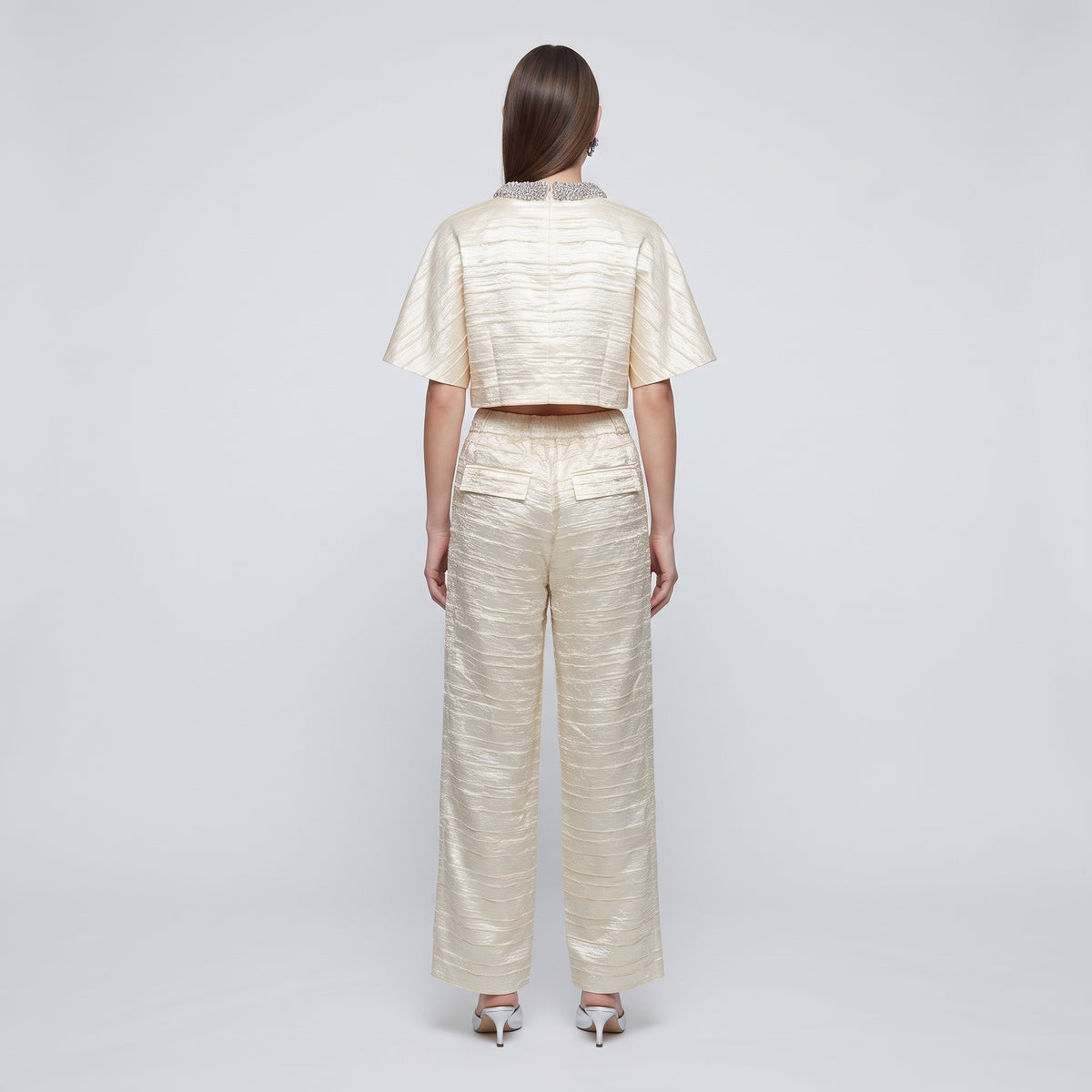 Metallic Crinkled Wide-Leg Trousers
