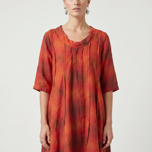 Pleated Plaid Linen Tunic