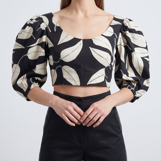 Leaf Print Puff Sleeve Crop