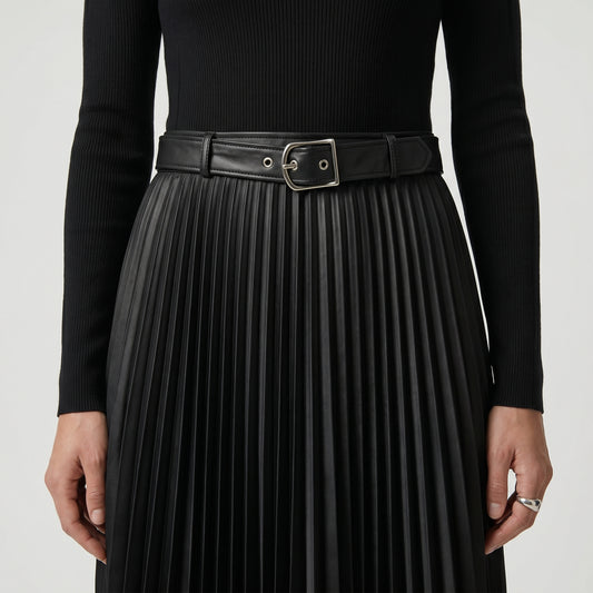 Pleated Faux Leather Knit Dress