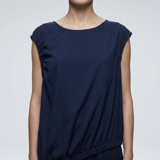 Asymmetric Navy Gathered Shell Top