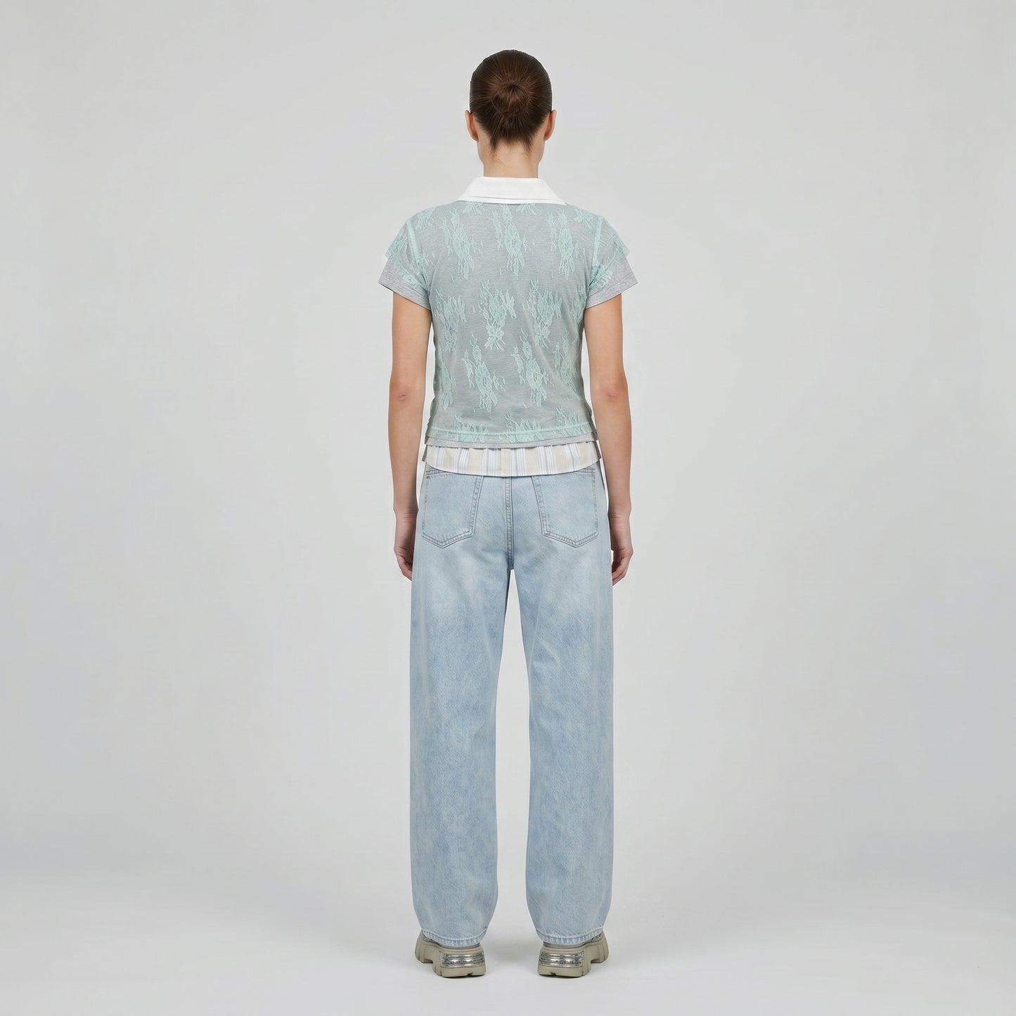 Lace Overlay Asymmetric Polo Top