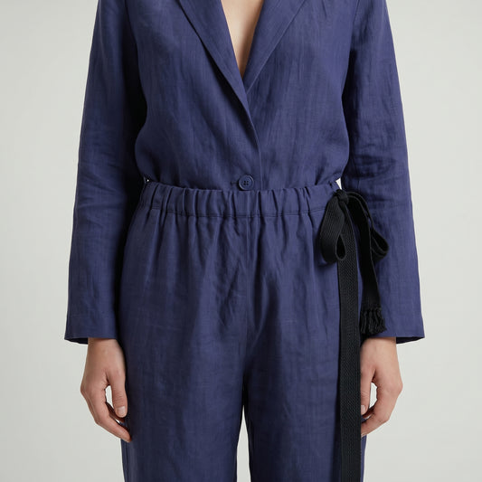 Relaxed Navy Linen Tie Trousers
