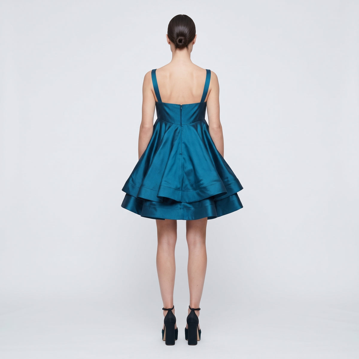 Teal Satin Tiered Mini Dress