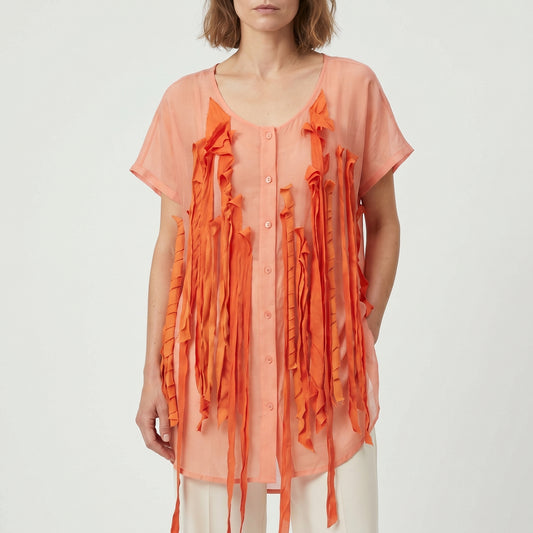 Orange Ribbon Fringed Sheer Top