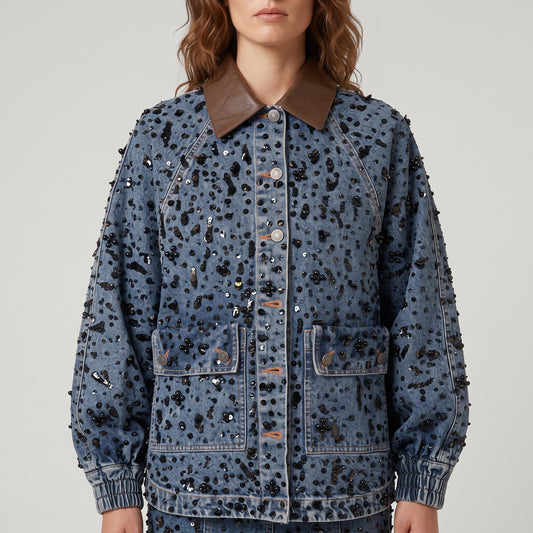 Embellished Denim Leather Collar Jacket