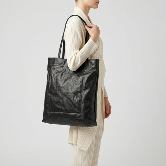 Black Textured Leather Tote Bag