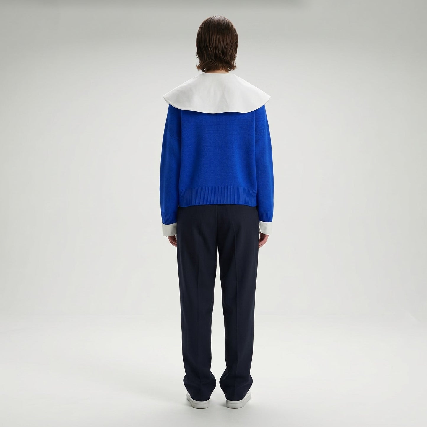 Contrast Collar Blue Knit Cardigan