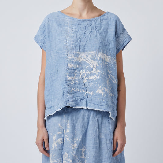 Embroidered Blue Linen Boxy Top