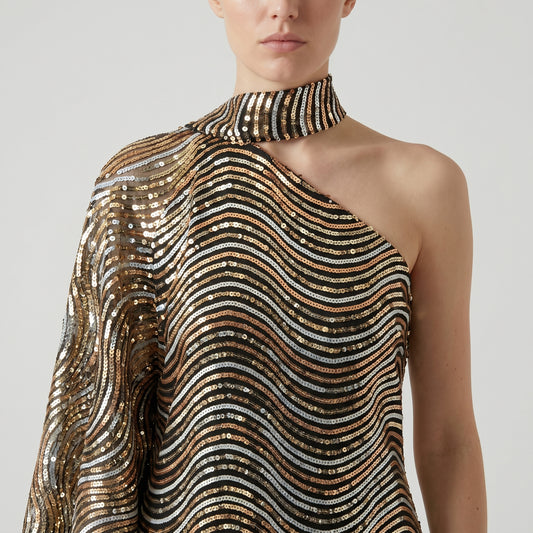 Sequined One-Shoulder Evening Gown