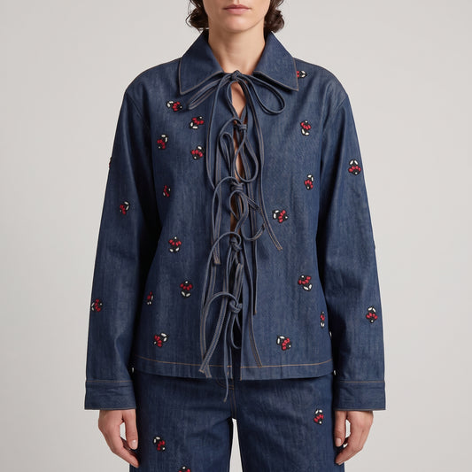 Embroidered Lace-Up Denim Jacket