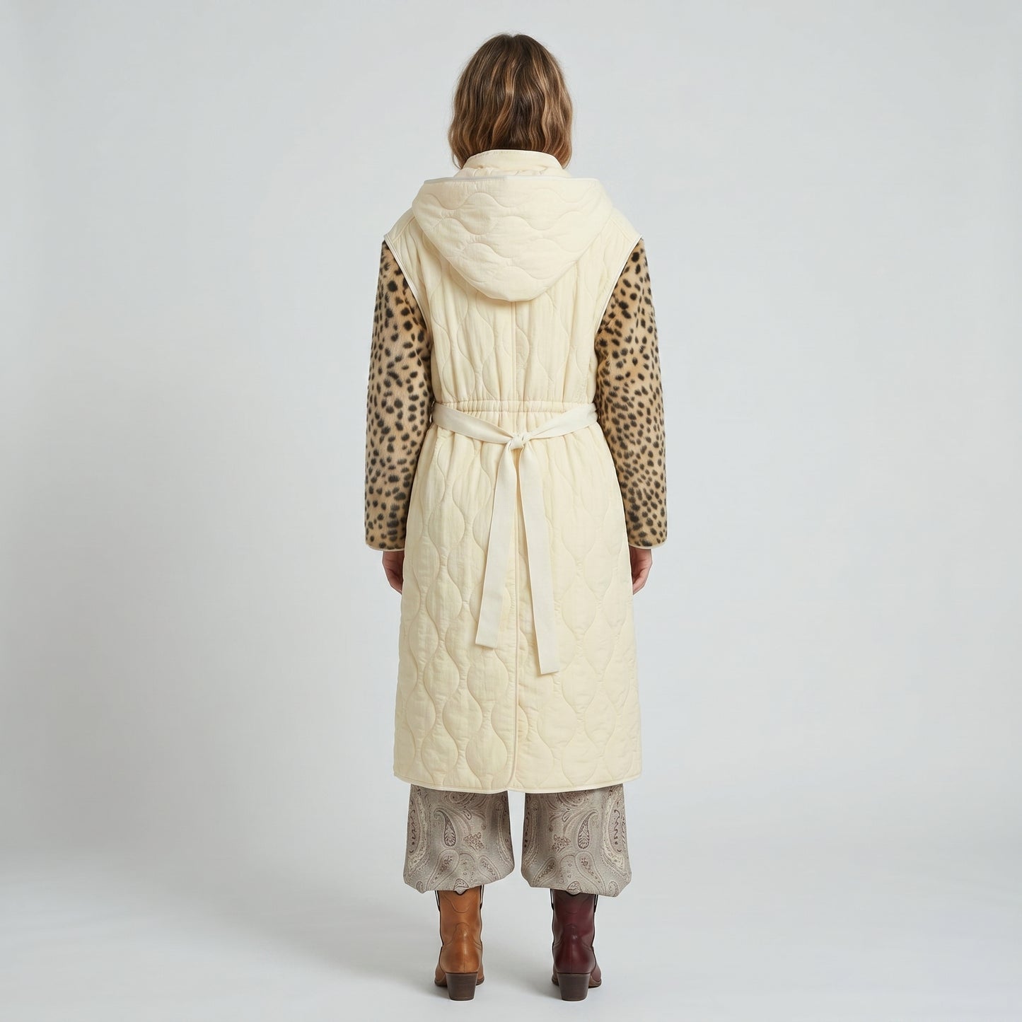 Quilted Leopard Sleeve Hooded Coat