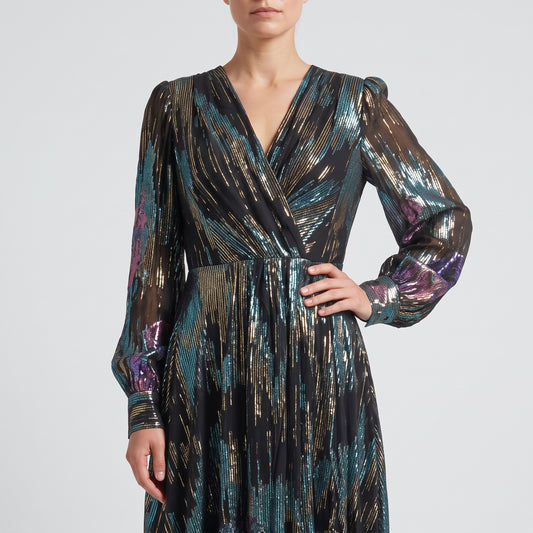 Metallic Floral Wrap Mini Dress