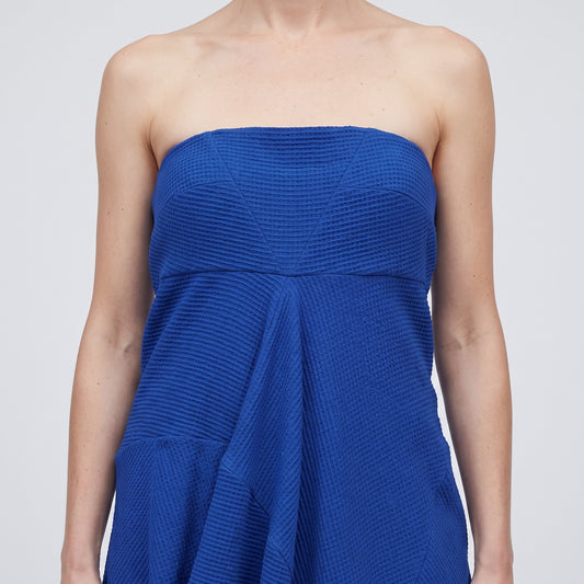 Sculptural Strapless Cobalt Mini Dress