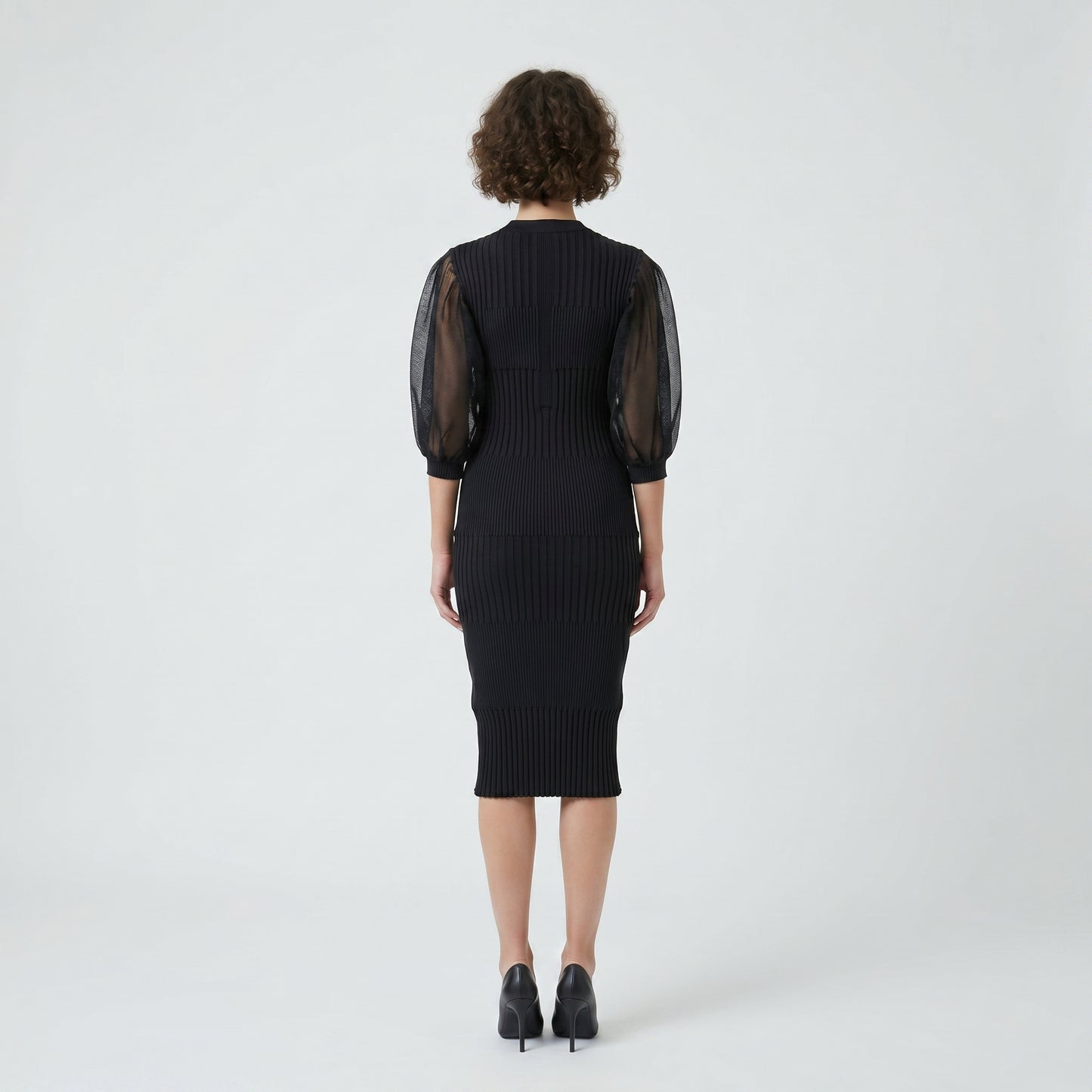Ribbed Knit Sheer Sleeve Dress