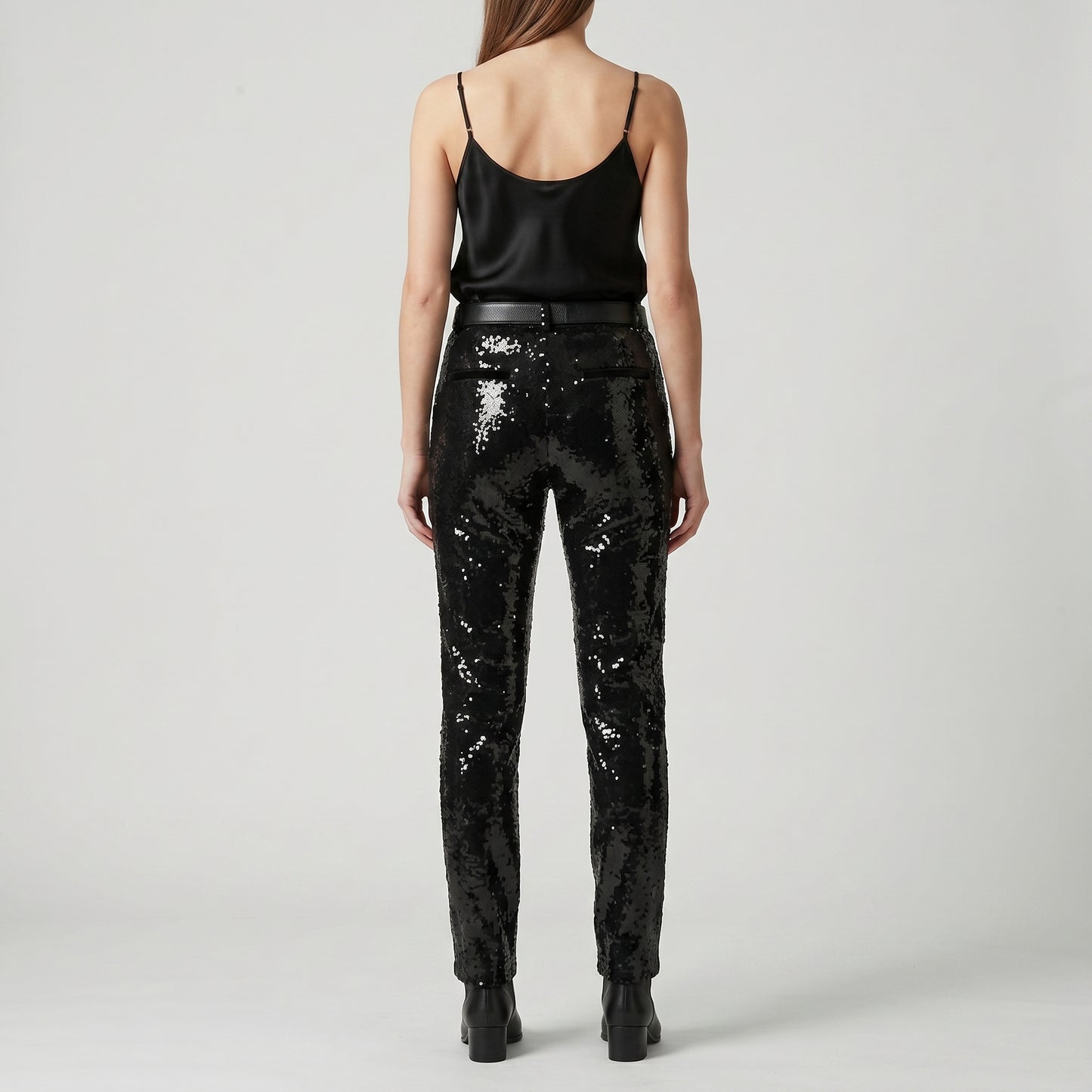 Black Sequin Belted Trousers