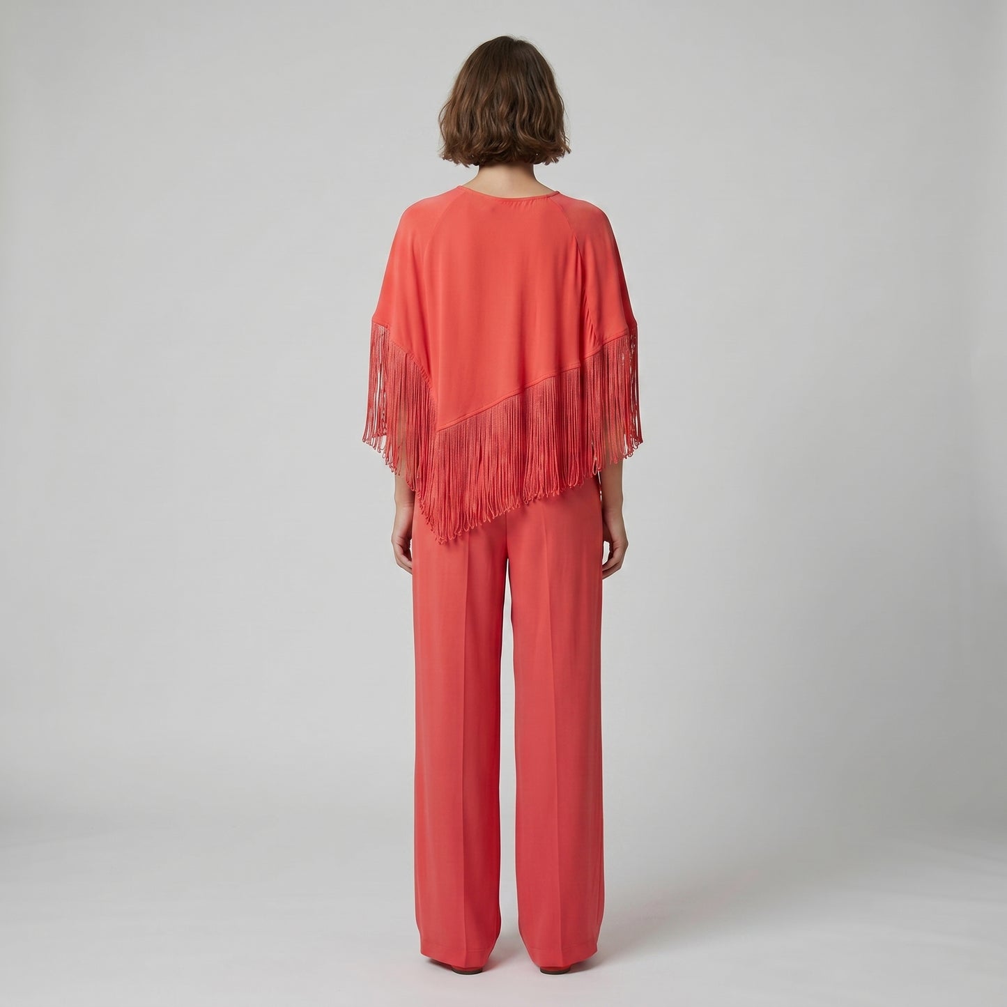 Asymmetric Fringe Coral Blouse