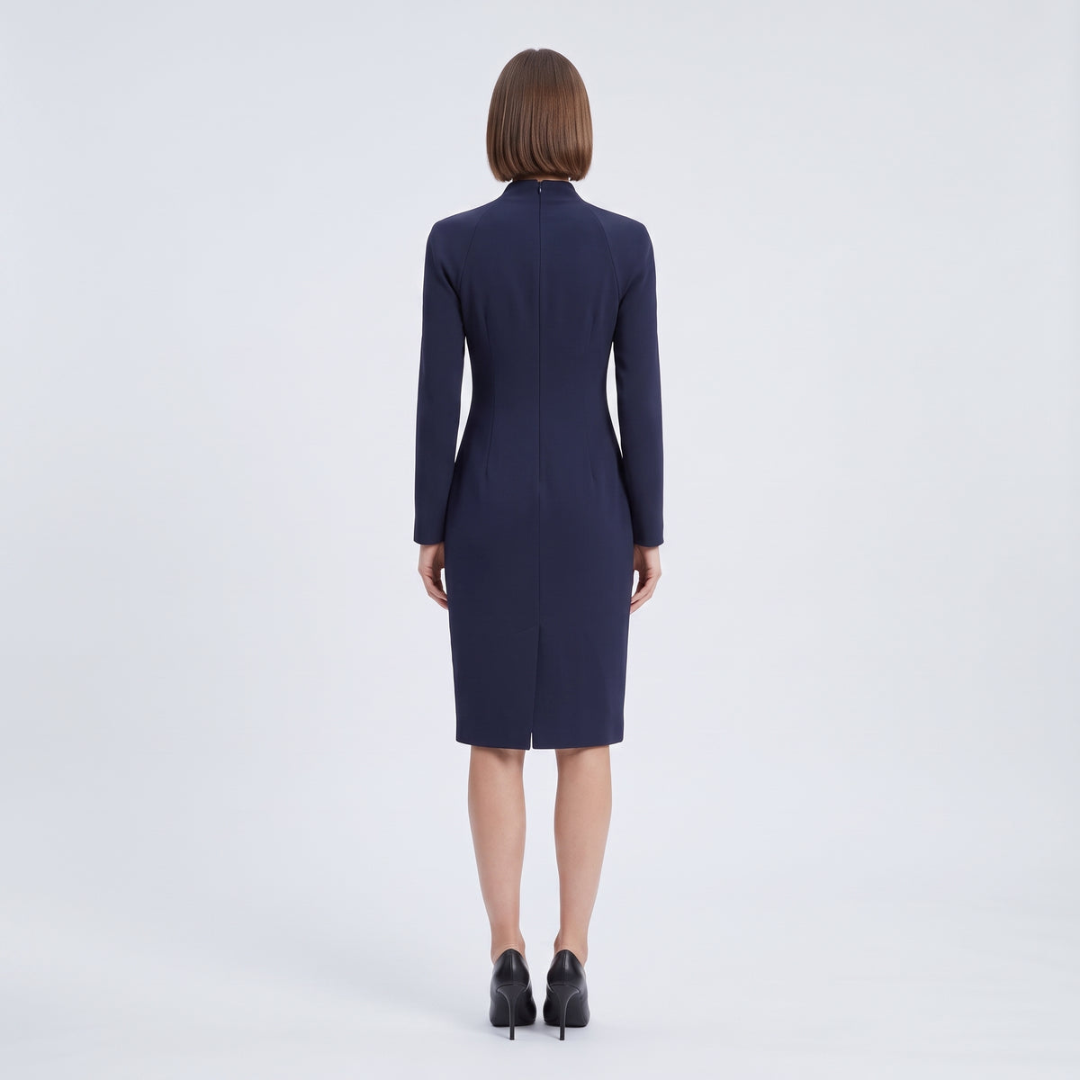 Navy Asymmetric Pleated Sheath Dress
