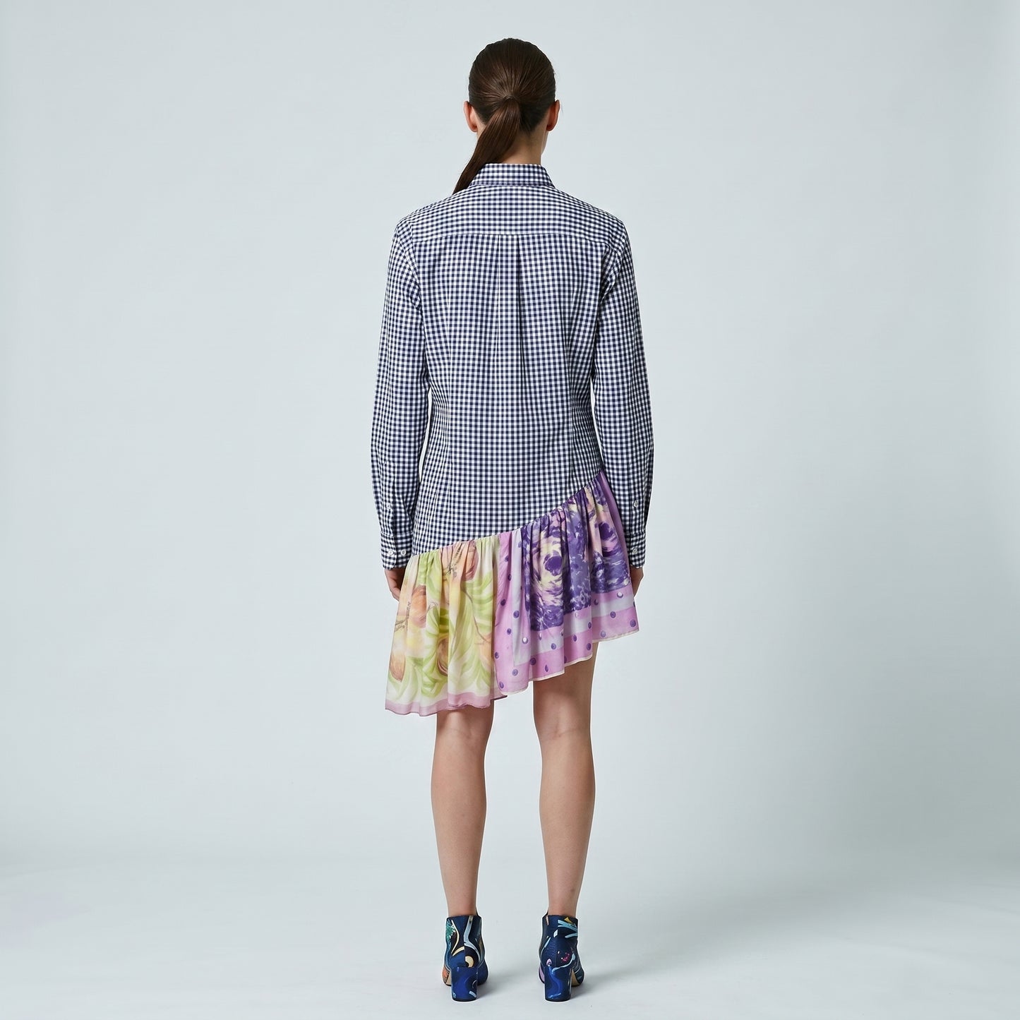 Gingham Floral Asymmetric Hem Shirt