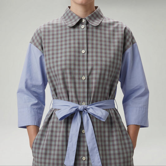 Checkered Panel Tie-Waist Dress