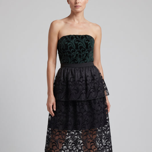 Embroidered Tiered Strapless Midi Dress