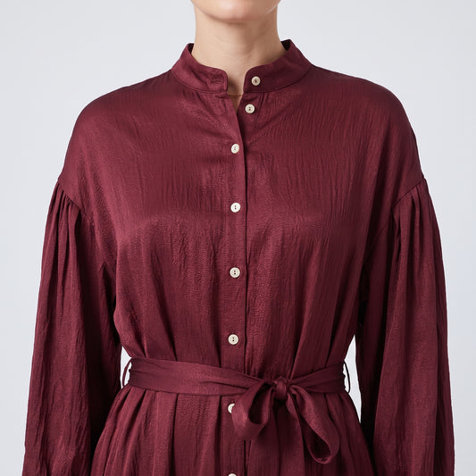 Burgundy Balloon Sleeve Shirt Dress