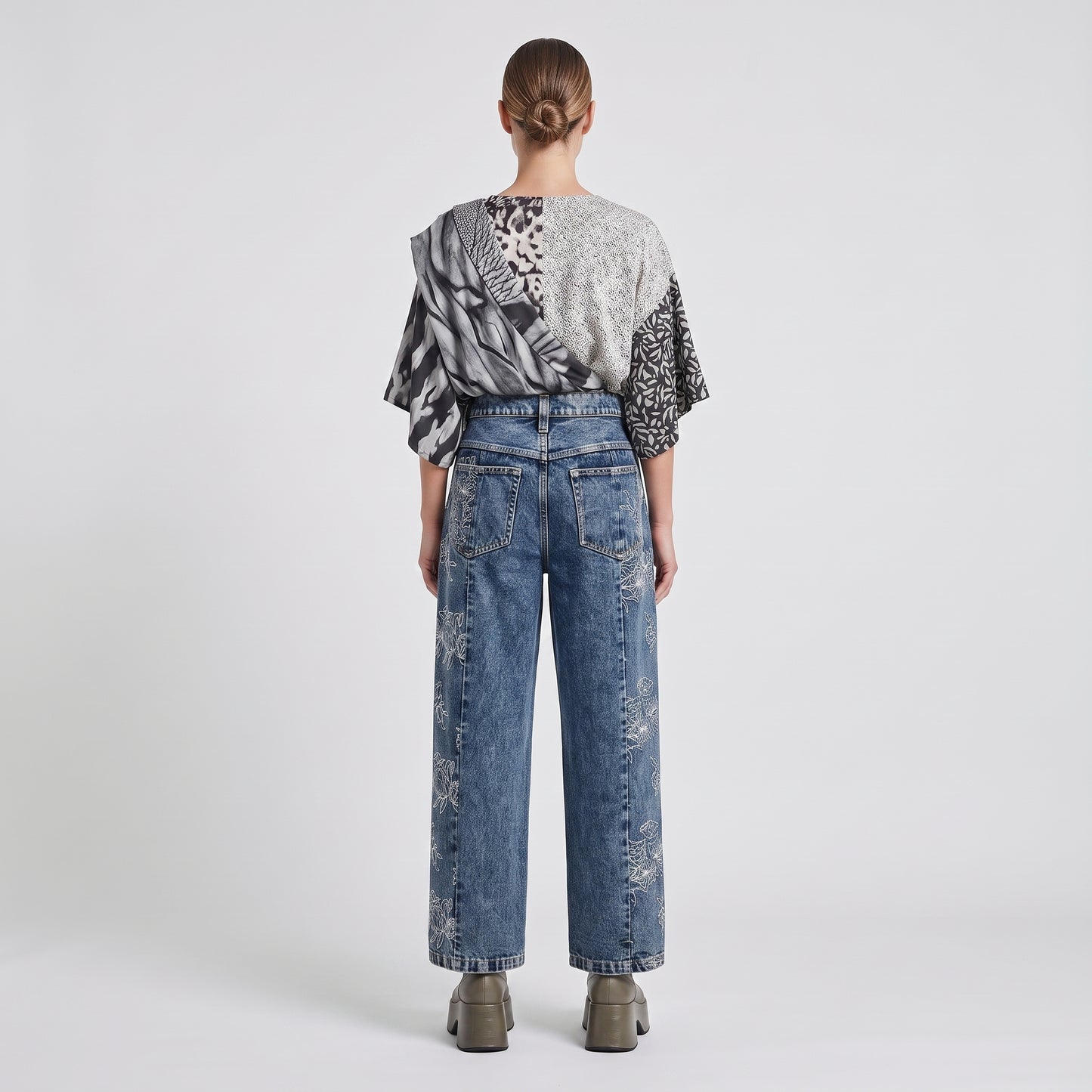 Floral Embroidered Acid Wash Jeans