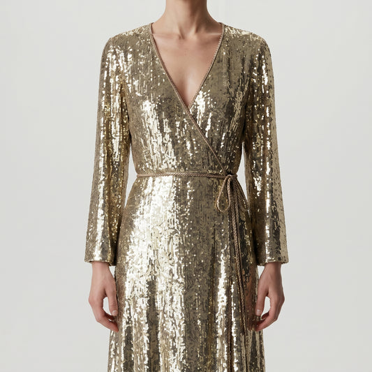 Metallic Sequin Wrap Midi Dress