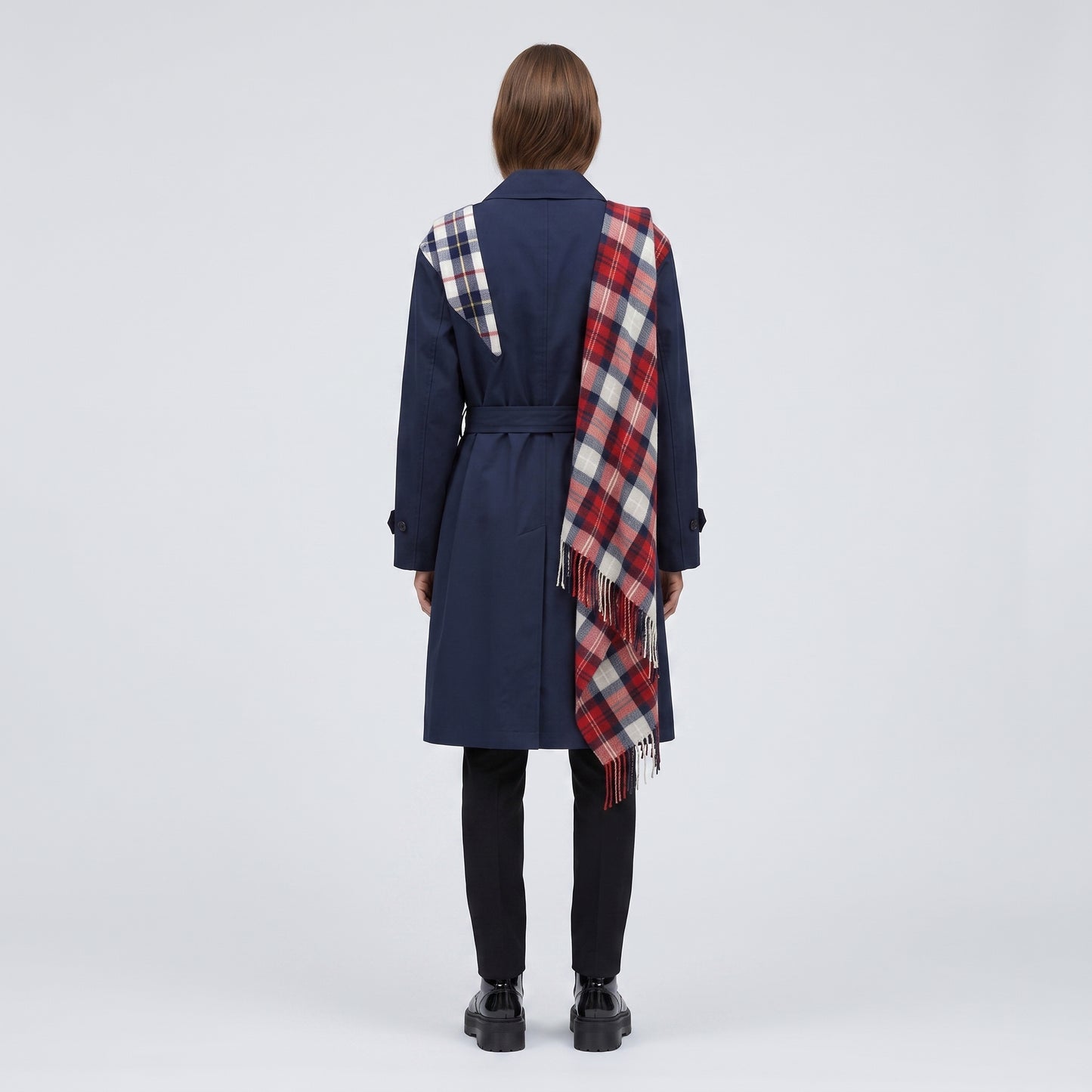 Plaid Accent Navy Trench Coat