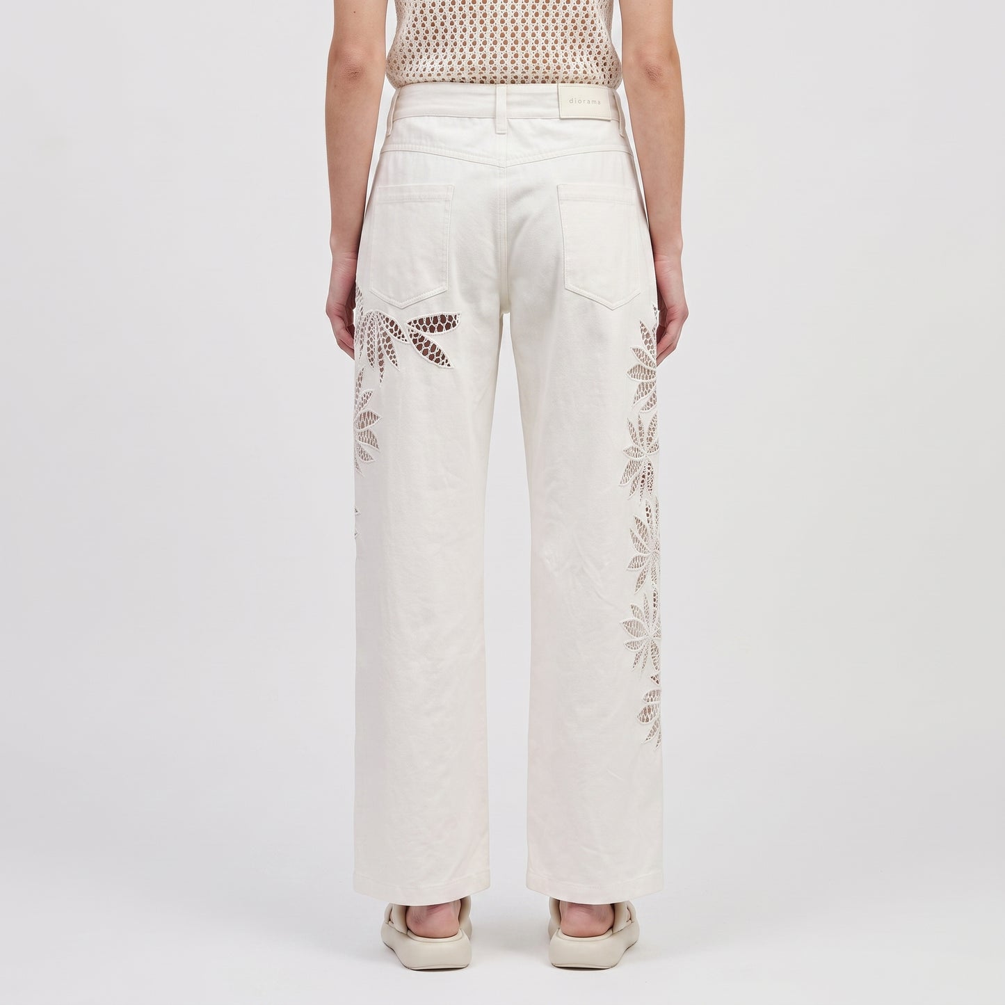 Floral Cutout White Denim Trousers