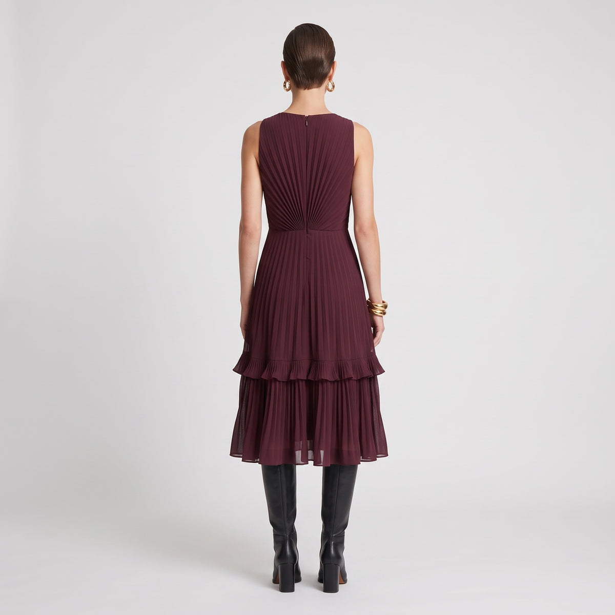 Pleated Tiered Burgundy Cocktail Dress