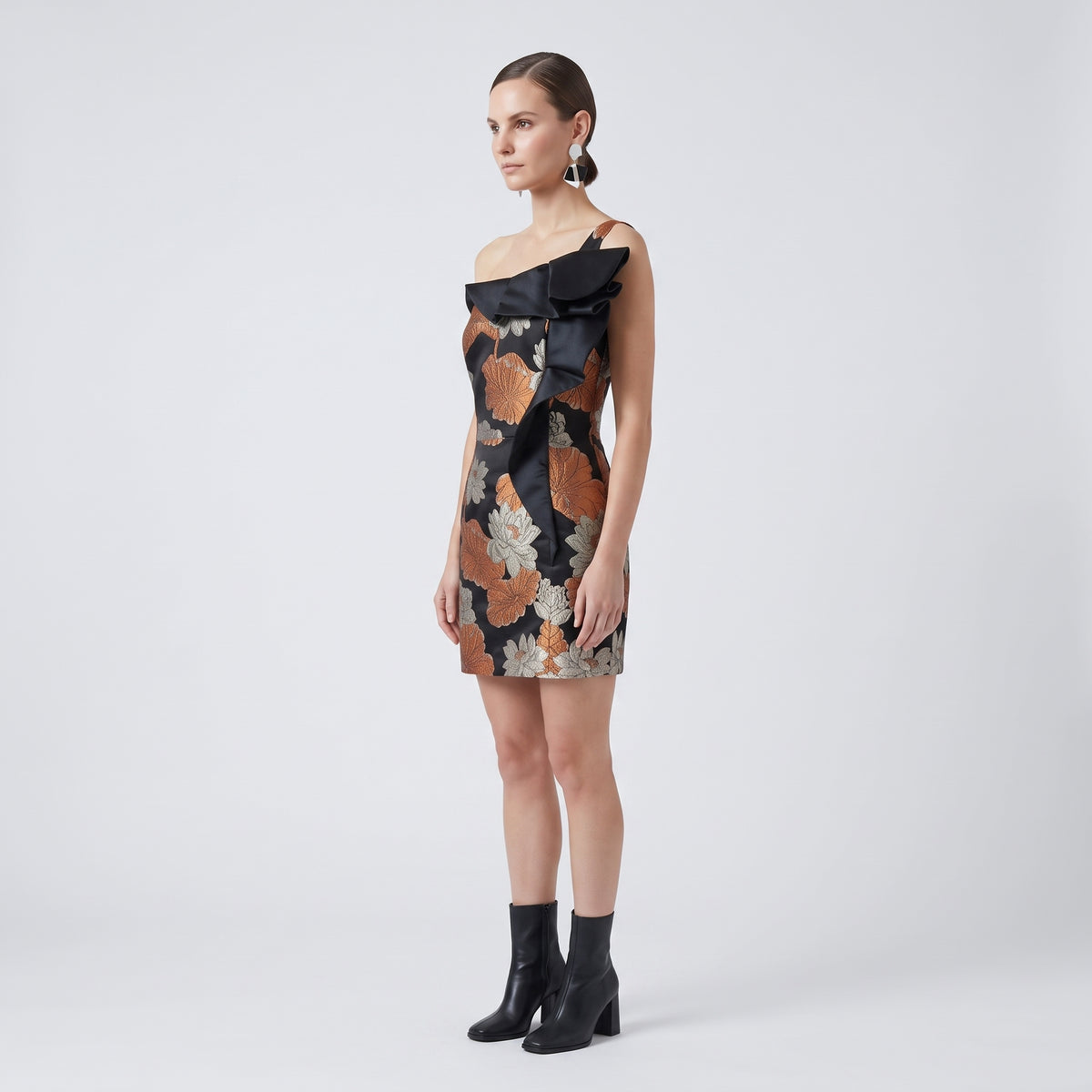Floral Jacquard One-Shoulder Dress