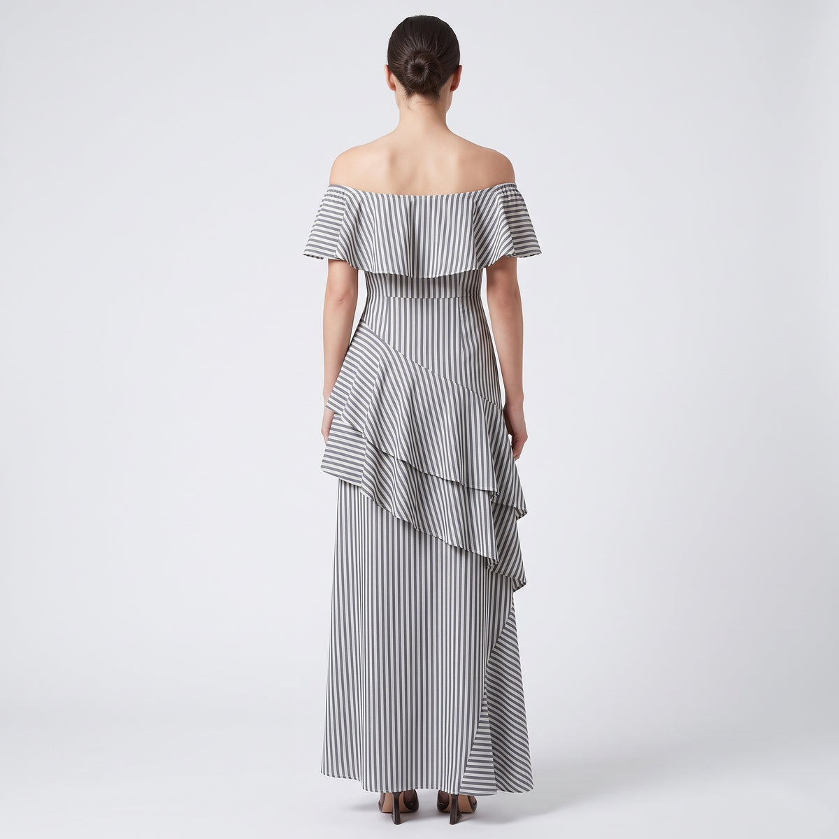 Striped Ruffled Asymmetric Midi Dress