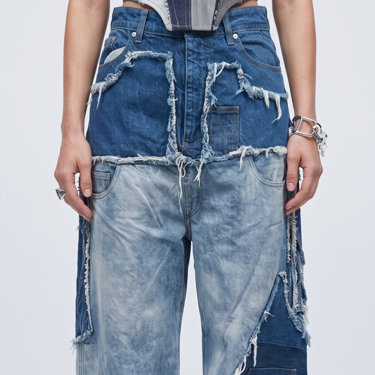 Distressed Patchwork Wide-Leg Jeans