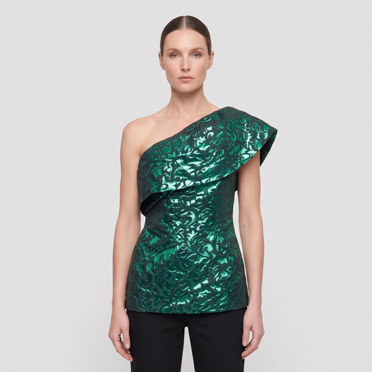Metallic Brocade One-Shoulder Top