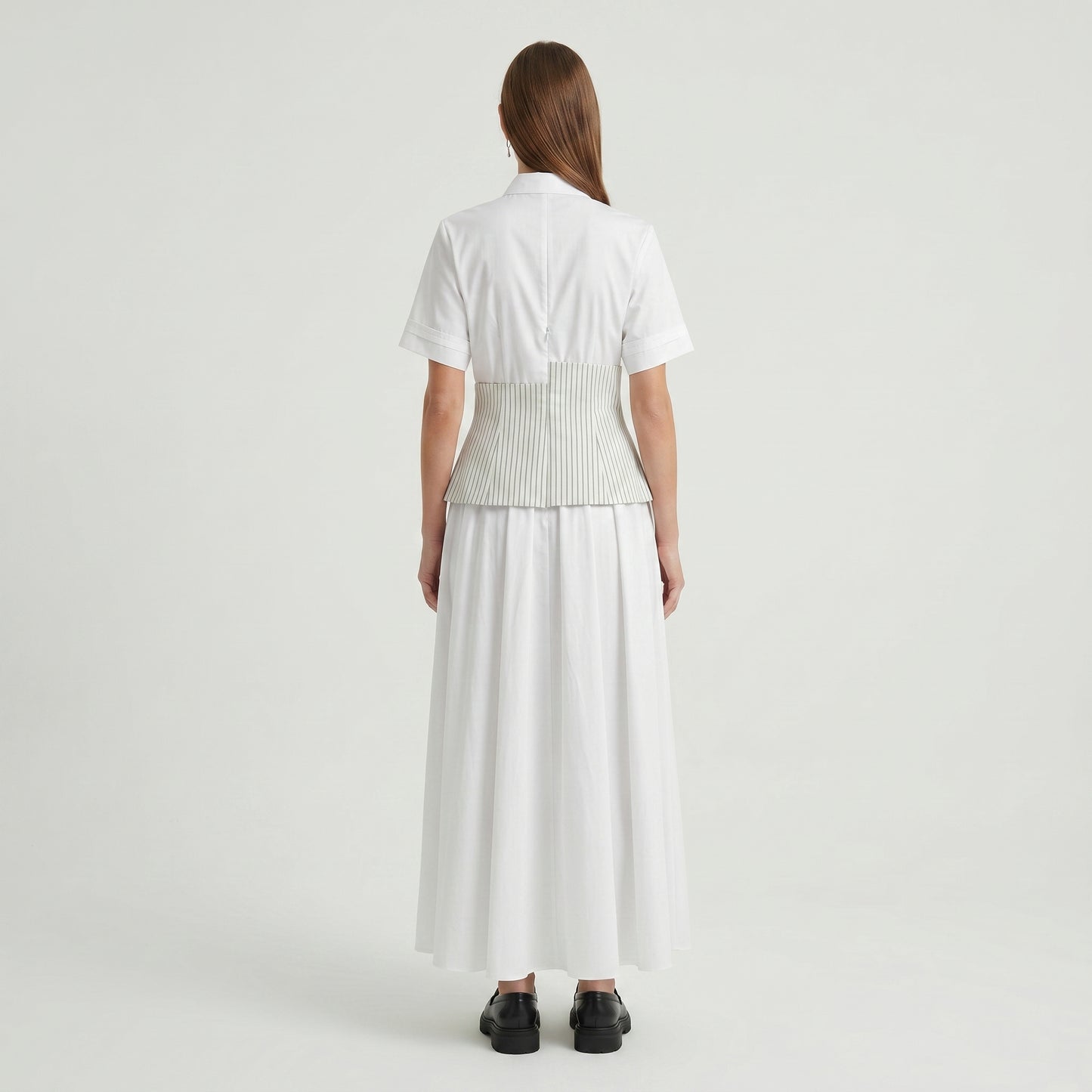 Striped Waist Pleated Shirt Dress