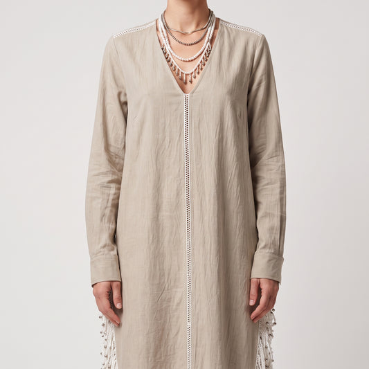 Fringed V-Neck Cotton Tunic